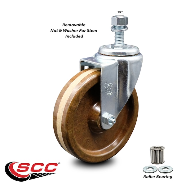 5 Inch High Temp Phenolic Wheel Swivel 1/2 Inch Threaded Stem Caster SCC